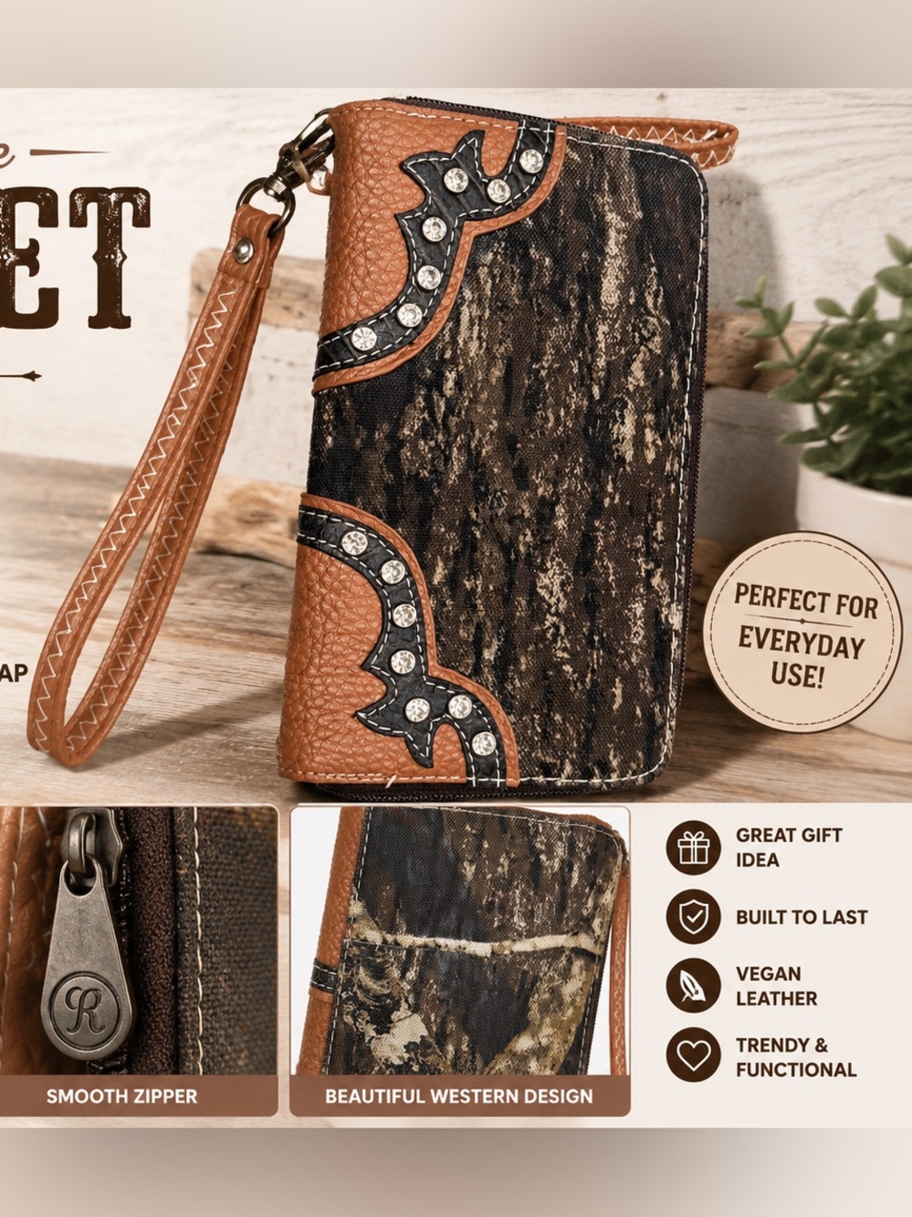 Western Rhinestone Zip Wallet Wristlet in Brown and Black 8”x4”